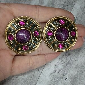 Vintage Clip Earrings Purple Statement Jewelry Antiqued Bronze Gold Tone